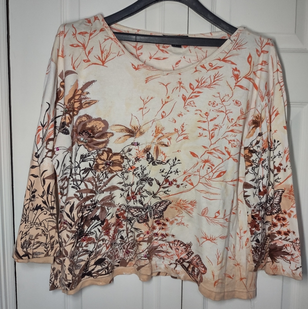 Kaktus Floral Foliage Butterfly Tshirt Large 3/4 Sleeve Fall Peach  Cream Cotton
